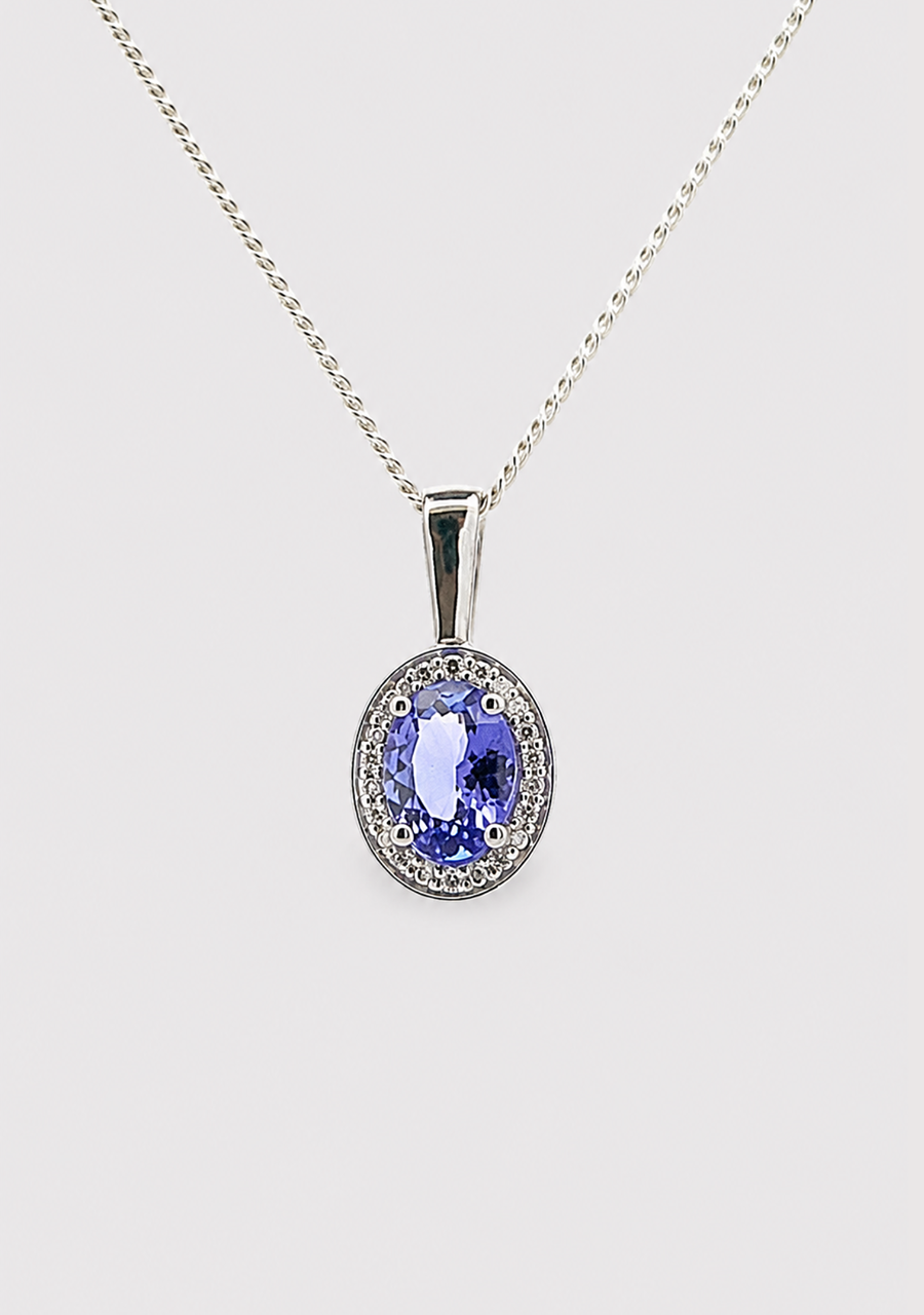 Tanzanite & Diamond 9ct White Gold Halo Pendant