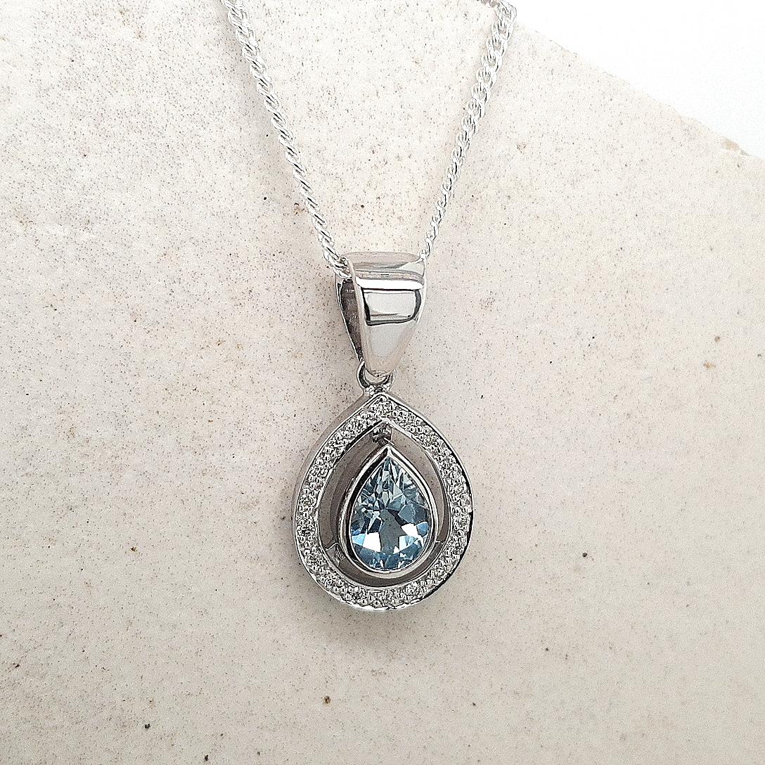 Aquamarine & Diamond 9ct White Gold Halo Pendant