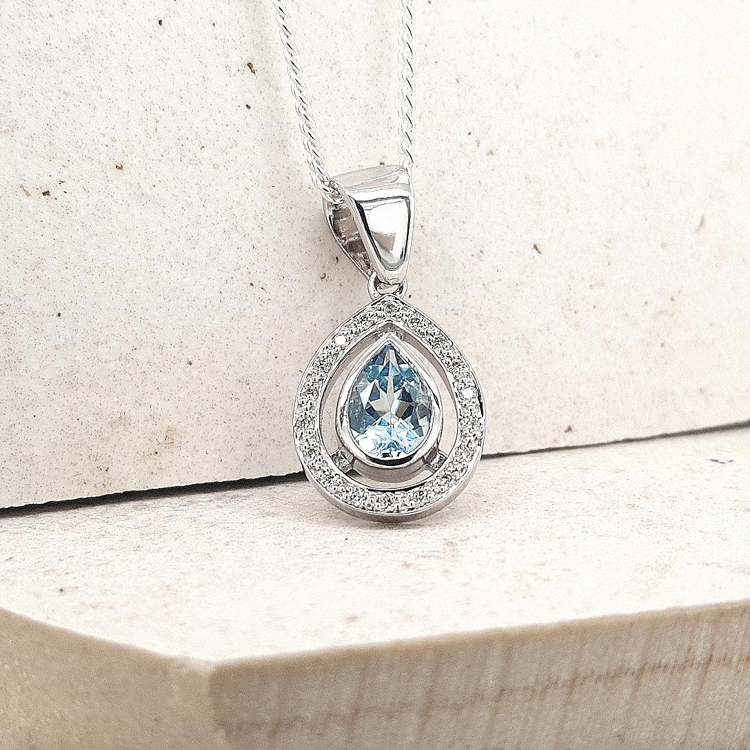 Aquamarine & Diamond 9ct White Gold Halo Pendant