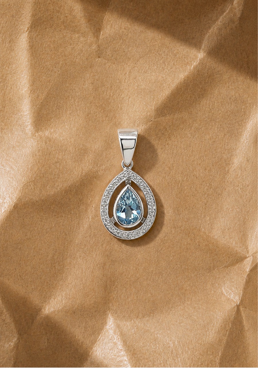 Aquamarine & Diamond 9ct White Gold Halo Pendant