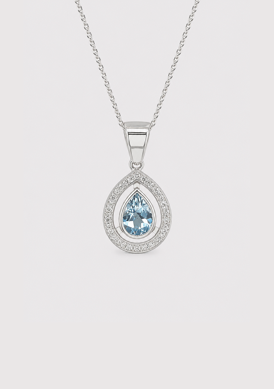 Aquamarine & Diamond 9ct White Gold Halo Pendant
