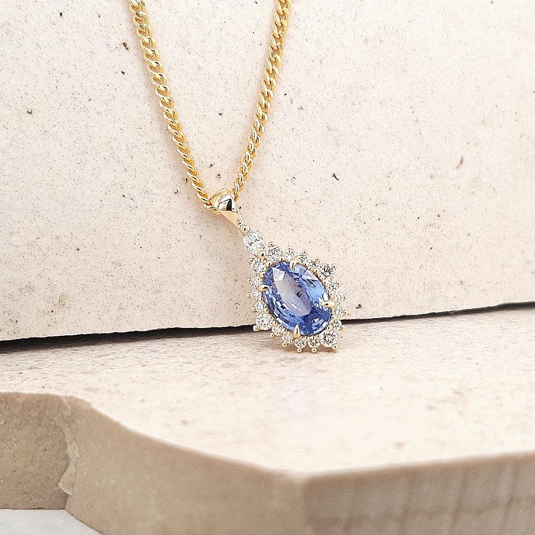 Ceylonese Sapphire & Diamond 9ct Yellow Gold Halo Pendant