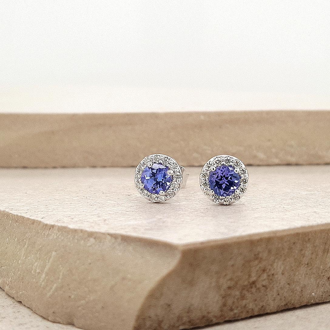 Tanzanite & Diamond 9ct White Gold Halo Stud Earrings