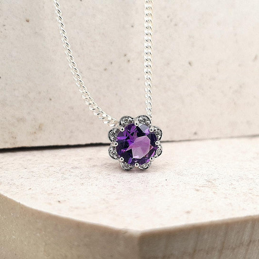 Amethyst & Diamond 9ct White Gold Halo Pendant