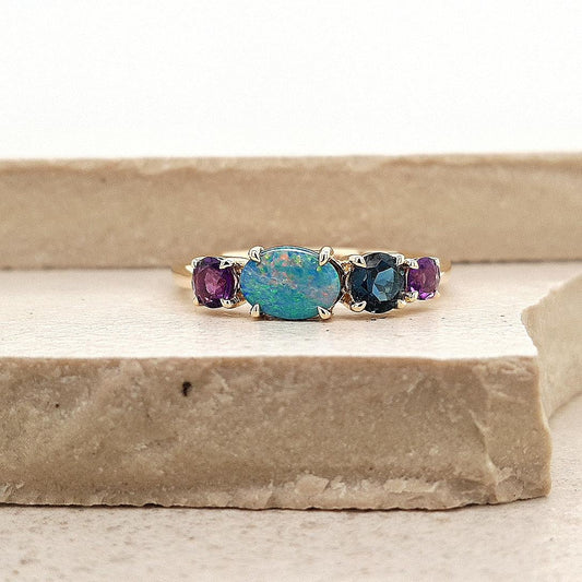 Opal, Amethyst, London Blue Topaz 9ct Yellow Gold Ring