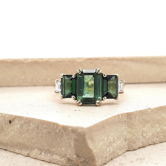 Tourmaline & Diamond 9ct Yellow Gold Five Stone Ring