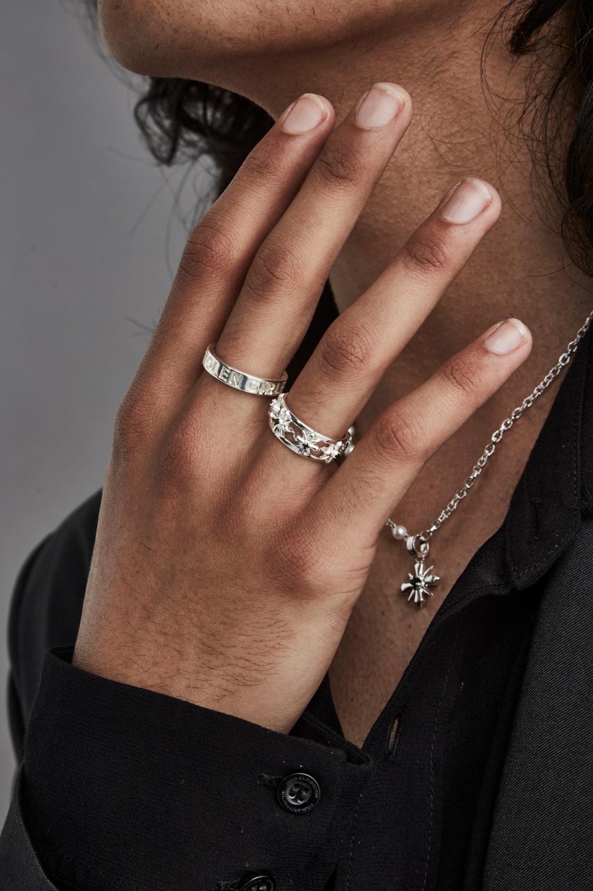 Stolen Girlfriends Club Sterling Silver Star Crossed Band Ring with Black Spinel