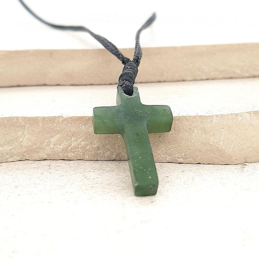 Greenstone 25mm Cross Pendant on Black Cord