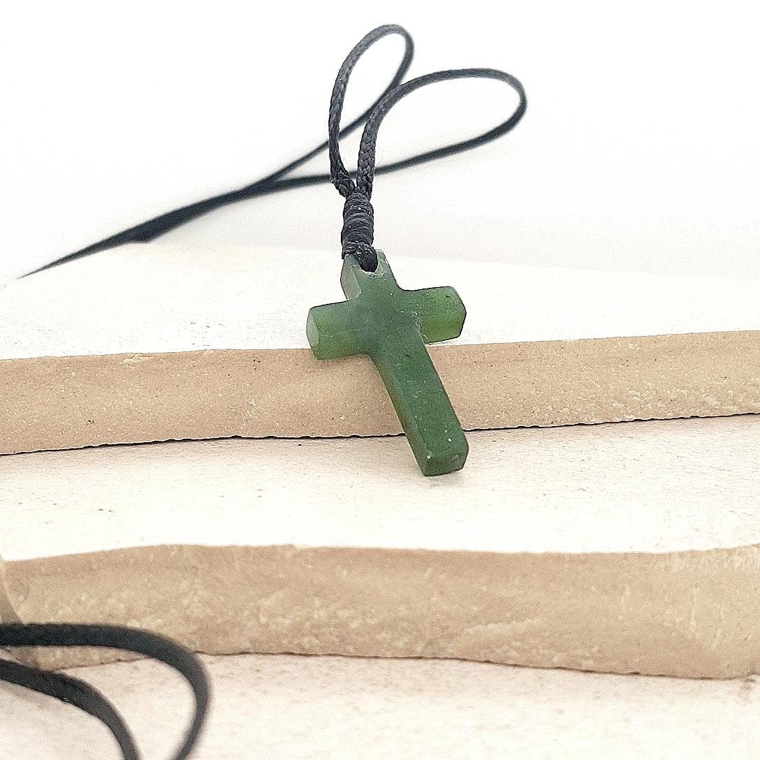 Greenstone 25mm Cross Pendant on Black Cord