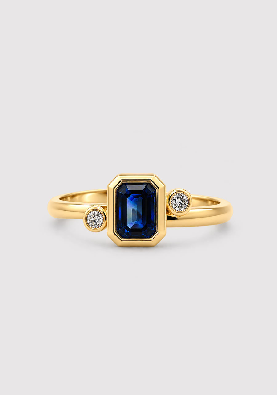 Ceylonese Sapphire & Diamond 9ct Yellow Gold Bezel Set Ring