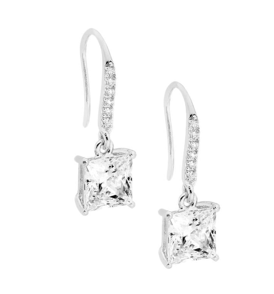 Ellani Sterling Silver Shepherds Hook Earring with Princess Cut CZ