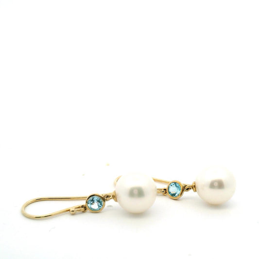 9ct Yellow Gold Freshwater Pearl and Blue Topaz Drop Earrings