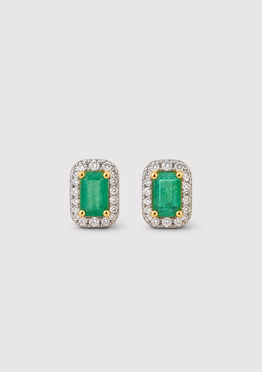 Emerald & Diamond 10ct Yellow & White Gold Halo Stud Earrings