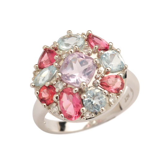 Amethyst, Aquamarine, Pink Tourmaline 9ct White Gold Mixed Shape Cluster Ring