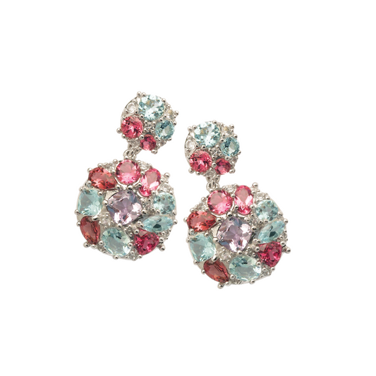 Amethyst, Aquamarine, Pink Tourmaline 9ct White Gold Mixed Shape Cluster Drop Earrings