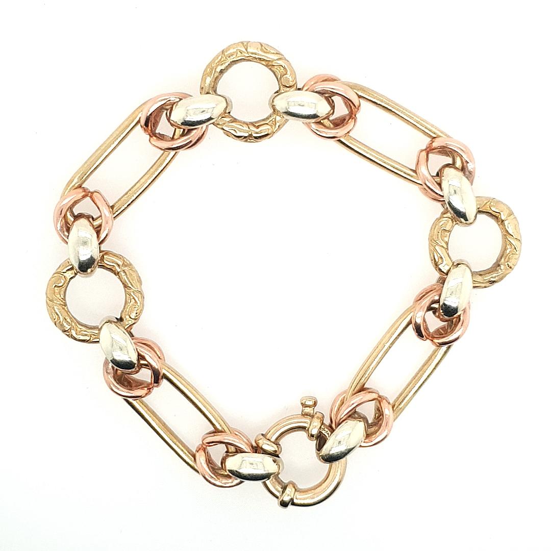 9ct Tri Tone Heavy Hand Made Textured Mixed Link Braclet