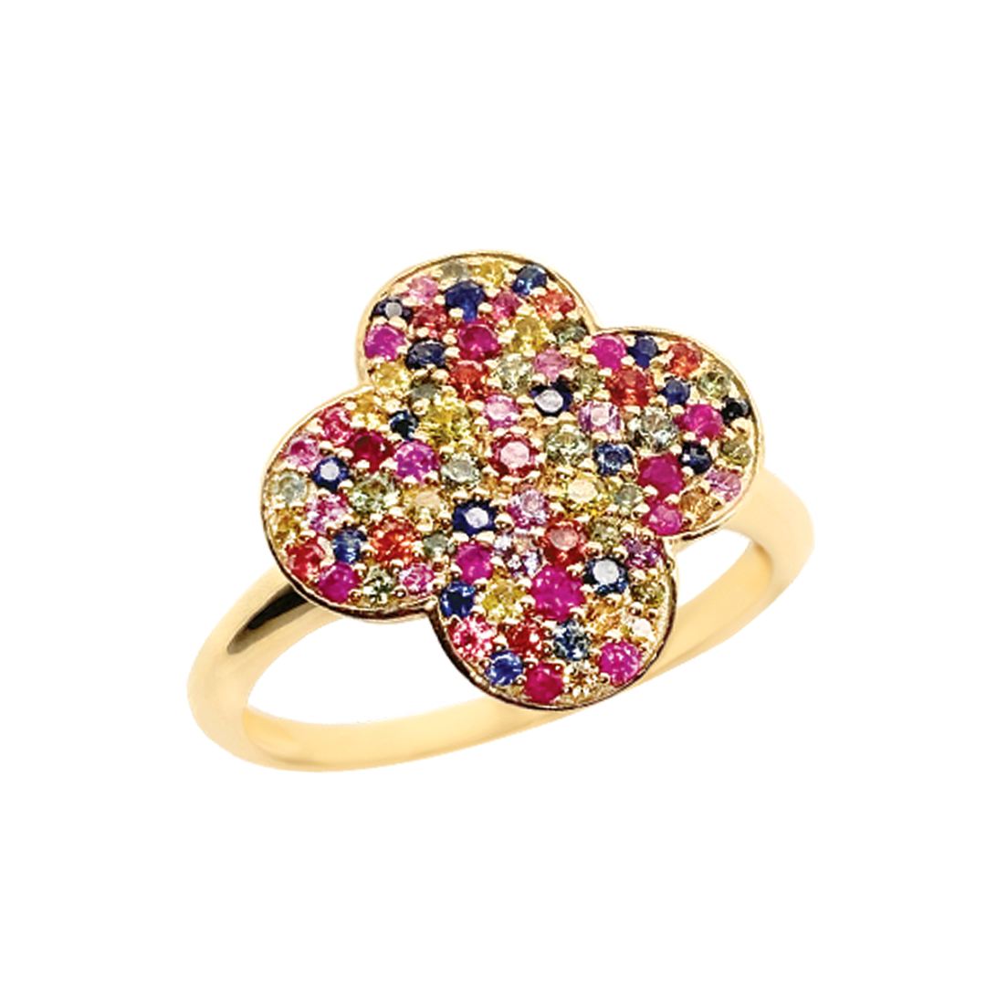 Sapphire Mixed Colour 9ct Yellow Gold Clover Pave Set Ring