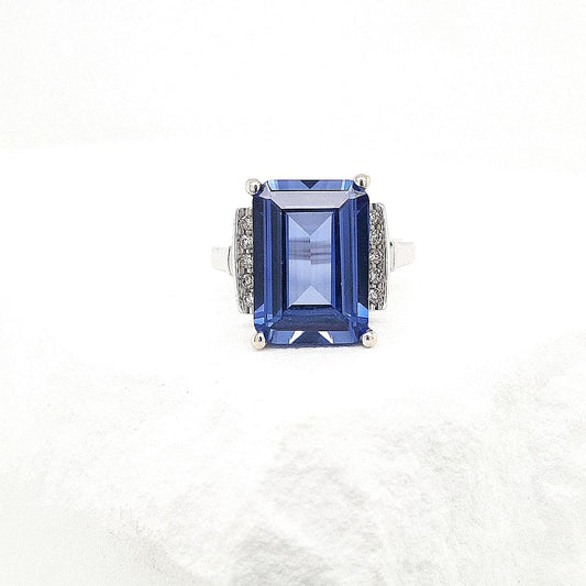 Estate 9ct White Gold Synthetic Sapphire and Diamond Ring