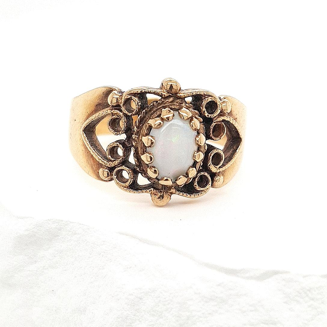 Estate 9ct Yellow Gold Opal Filigree Wide Dress Ring