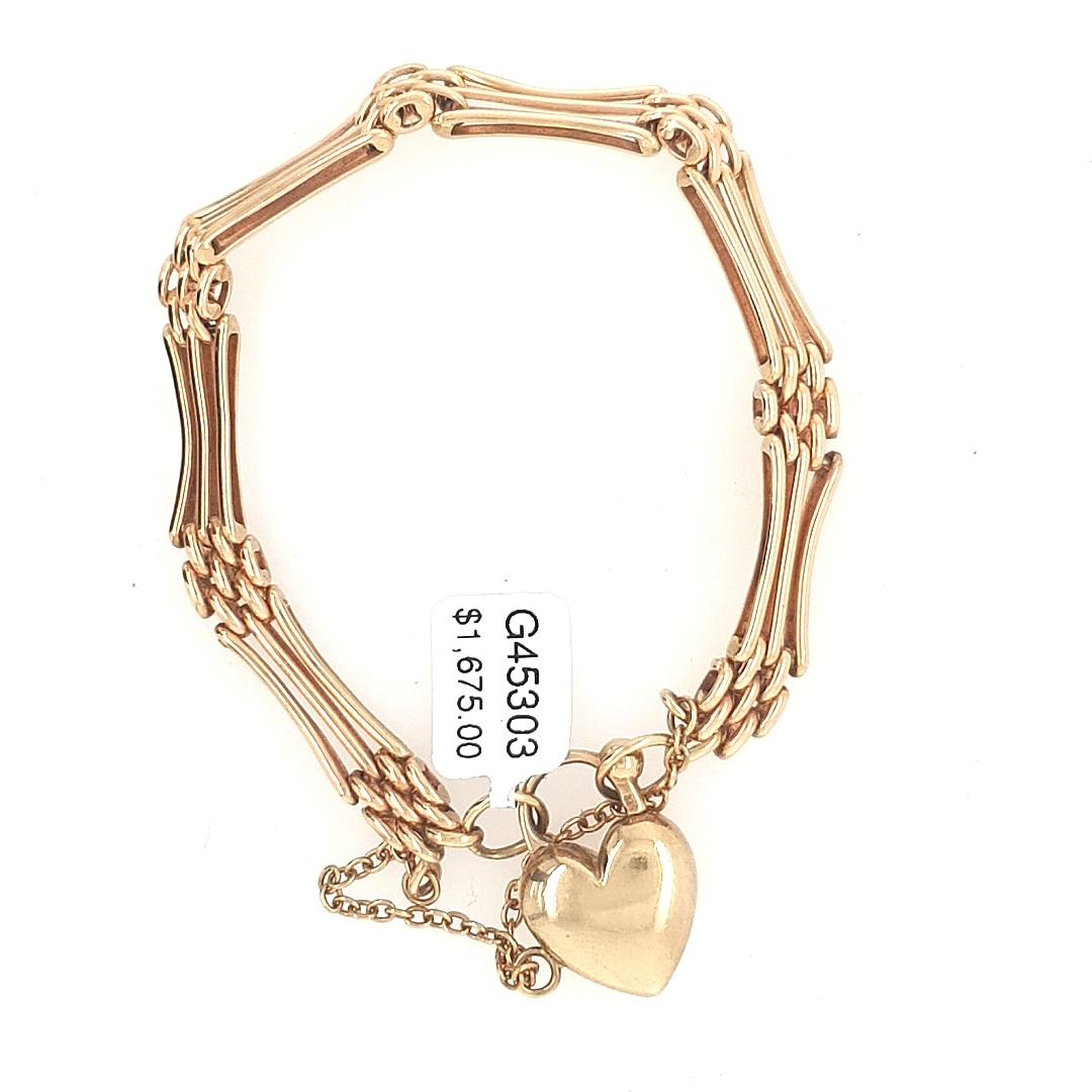 Estate 9ct Yellow Gold 3 Bar Gate Bracelet with Puff Heart Clasp and Safety Chain