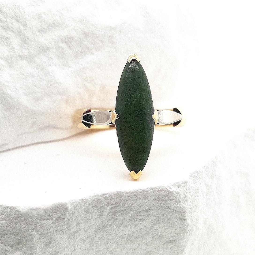 Estate 14ct Yellow Gold Green Jade Marquise Shape Ring