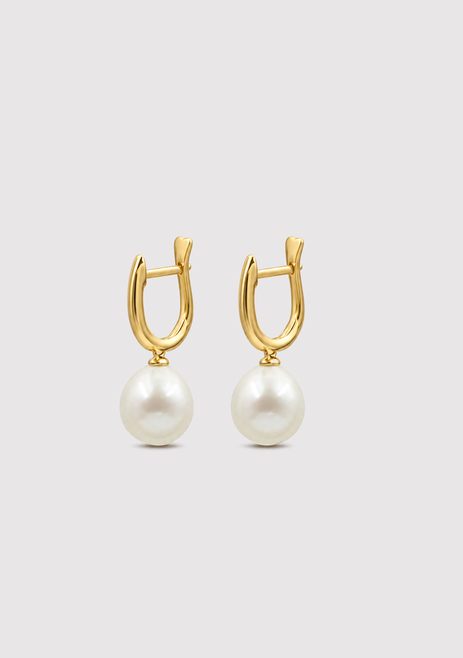 9ct Yellow Gold 8.5-9mm Drop White Freshwater Pearl Drop Huggie Earrings