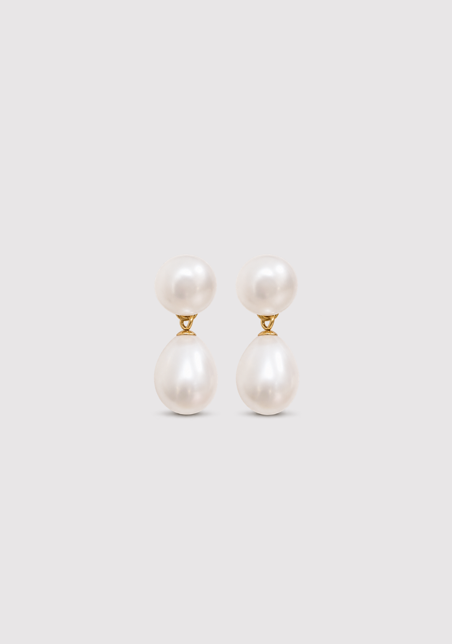 9ct Yellow Gold White 8mm Button Stud Freshwater Pearl Earrings with 8.5-9mm Freshwater Pearl Drops
