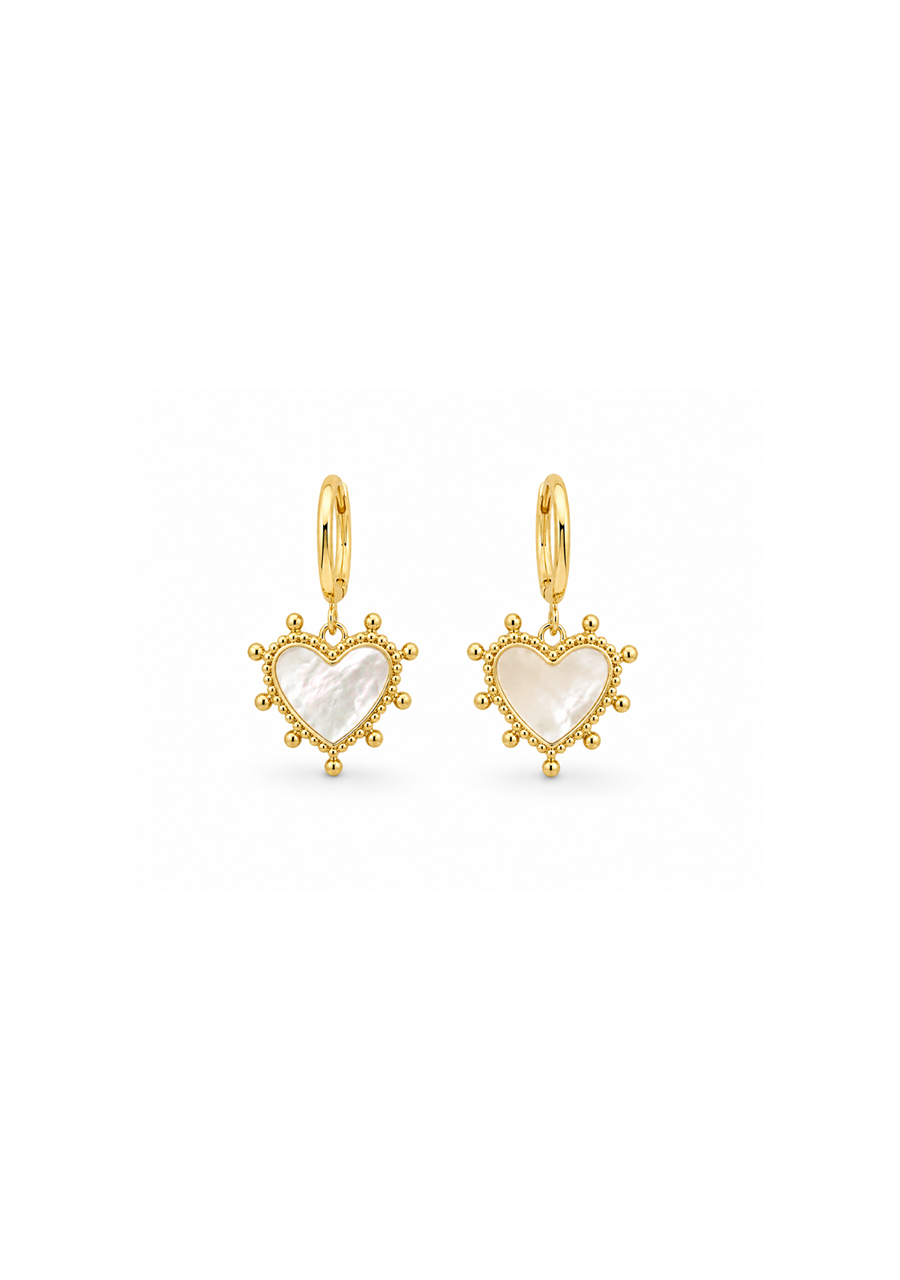 9ct Yellow Gold Beaded Border Mother of Pearl Heart Drop Huggie Earrings