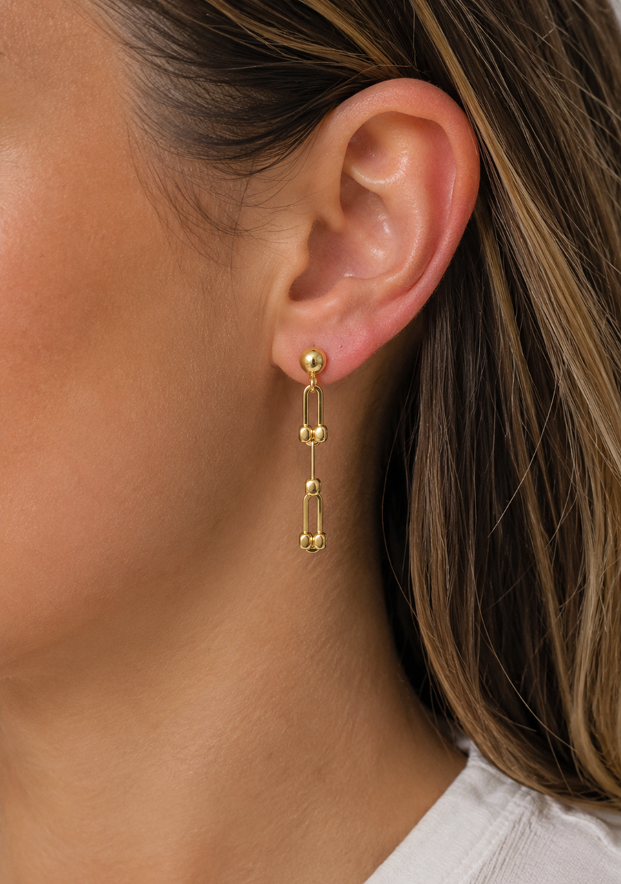 9ct Yellow Gold Drop Oblong & Dot Stud Earrings