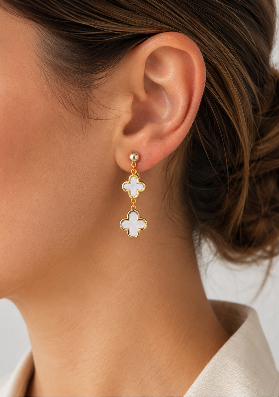 9ct Yellow Gold Double Drop Flower Mother of Pearl Stud Earrings