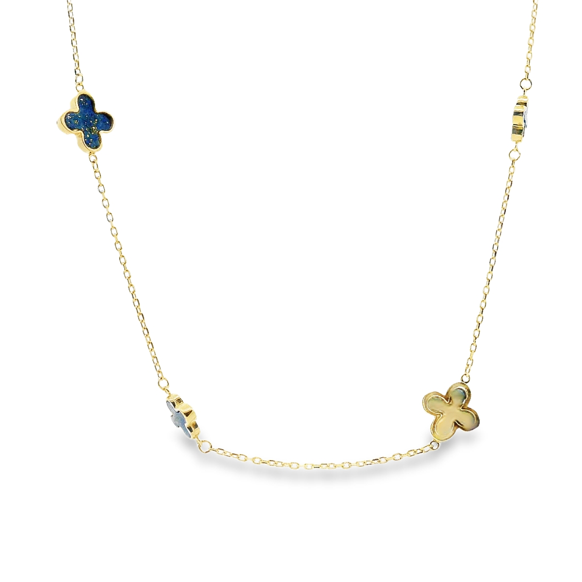 9ct Yellow Gold Lapis Flower Trace Chain Necklace