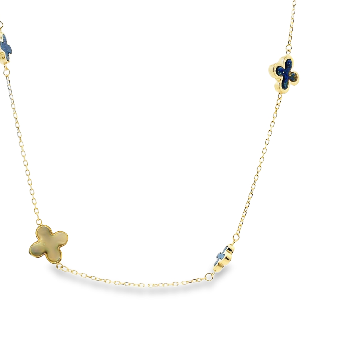 9ct Yellow Gold Lapis Flower Trace Chain Necklace