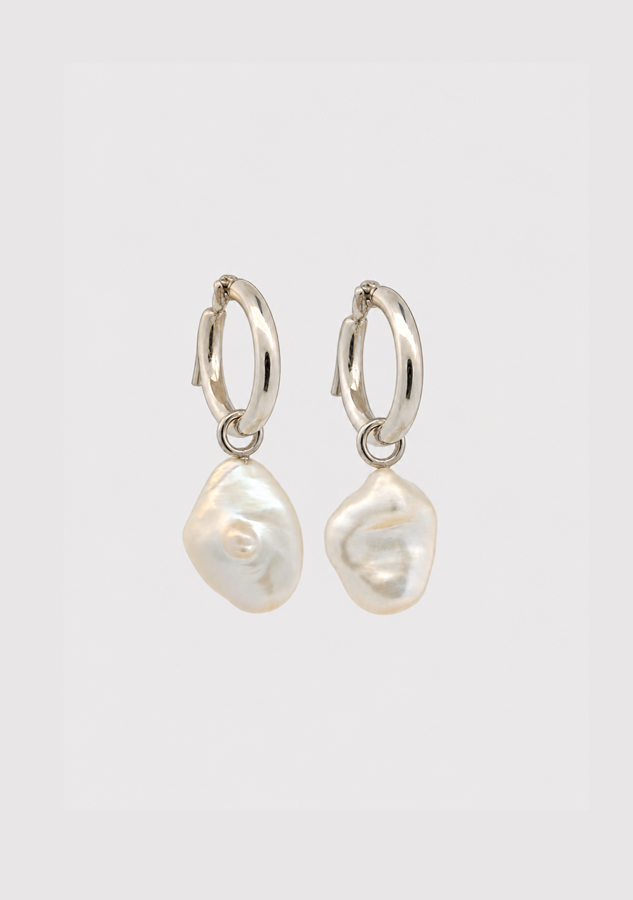 Sterling Silver 10mm Hoop with 11-12mm White Keshi Freshwater Pearl Earrings
