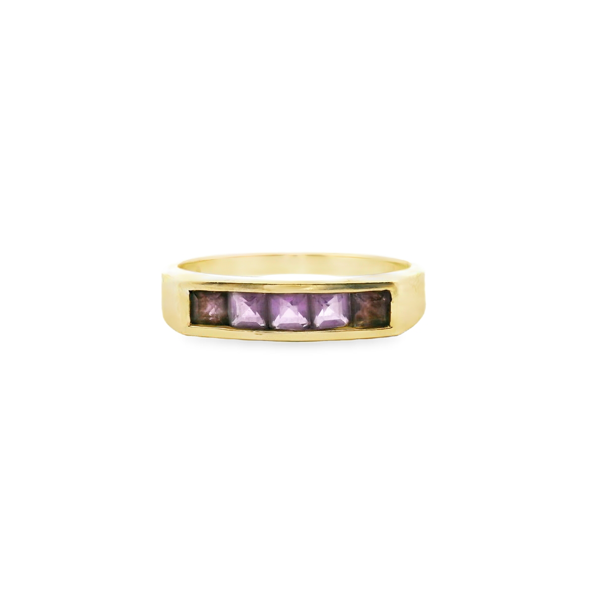 Estate 9ct Yellow Gold Amethyst Channel Set Signet Ring