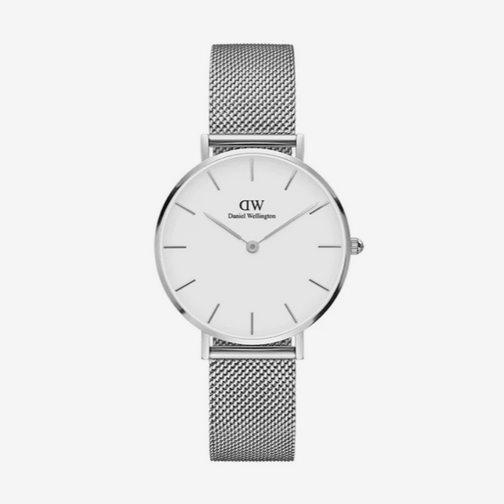 Daniel Wellington Silver Petite 32mm White Face Mesh Strap Quartz Watch