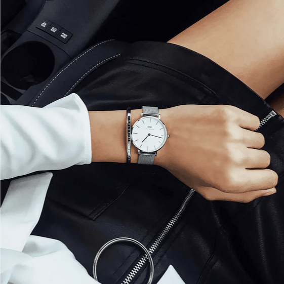 Daniel Wellington Silver Petite 32mm White Face Mesh Strap Quartz Watch
