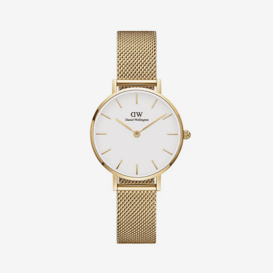 Daniel Wellington Petite Evergold 28mm Round White Face Yellow Gold Plated Mesh Strap Quartz Watch