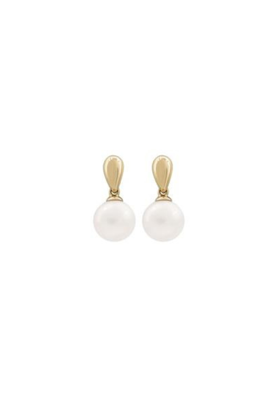 9ct Yellow Gold 9-10mm White Round Freshwater Pearl Stud Drop Earrings