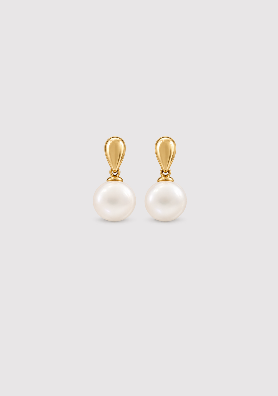 9ct Yellow Gold 9-10mm White Round Freshwater Pearl Stud Drop Earrings