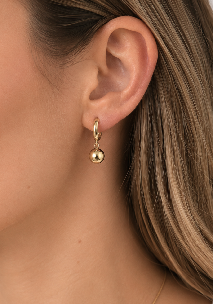 9ct Yellow Gold Plain 8mm Ball Drop Hoop Earrings