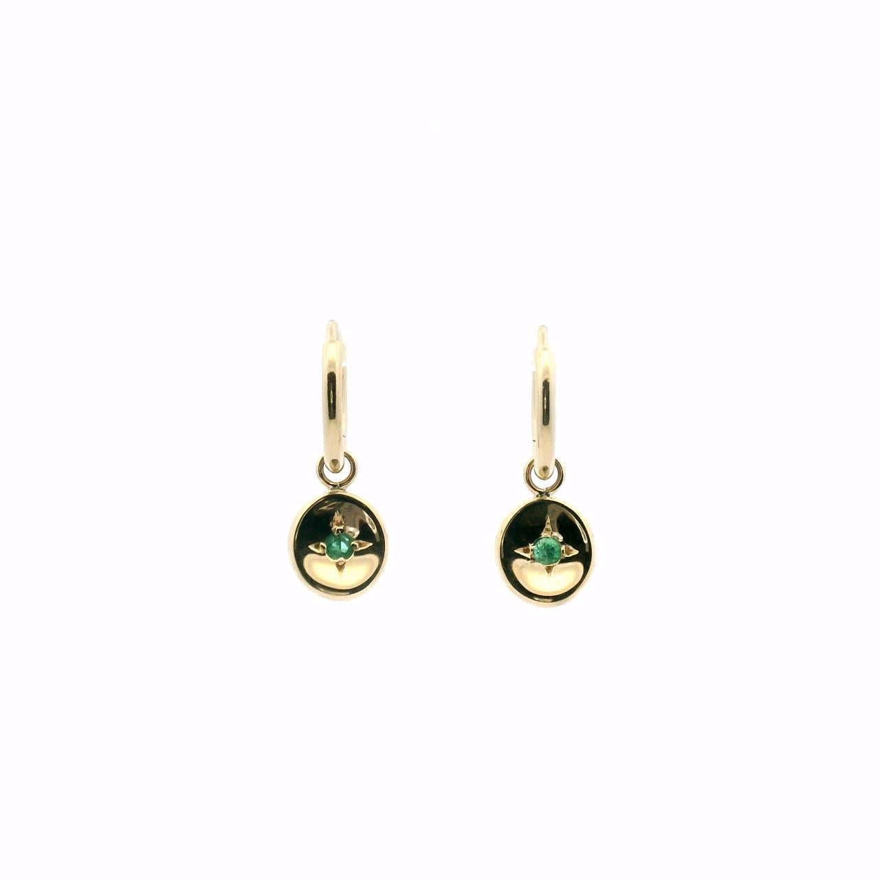 Emerald 9ct Yellow Gold Button Drop Hoop Earrings