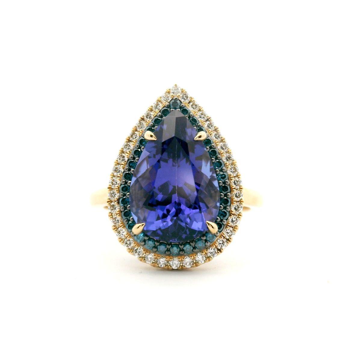 Tanzanite & Diamond 18ct Yellow Gold Double Halo Ring