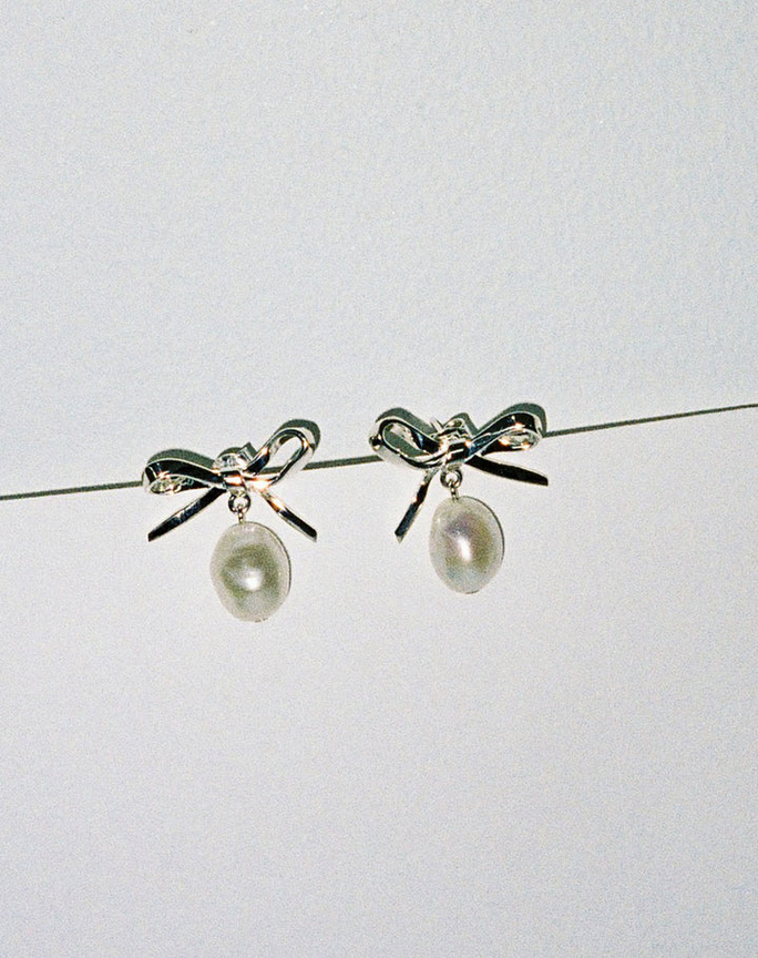 Meadowlark Sterling Silver Bow Pearl Stud Earrings