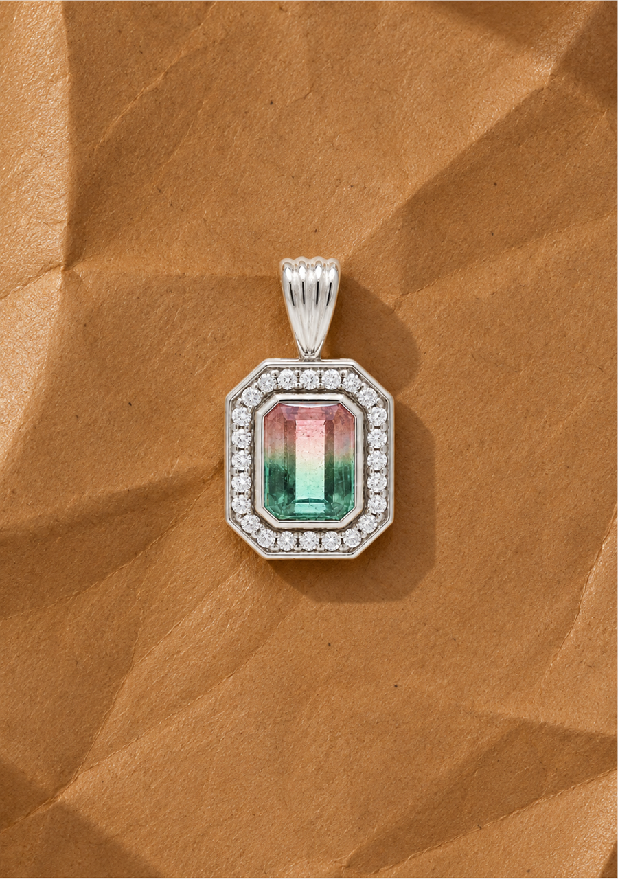 Watermelon Tourmaline & Diamond Halo Pendant