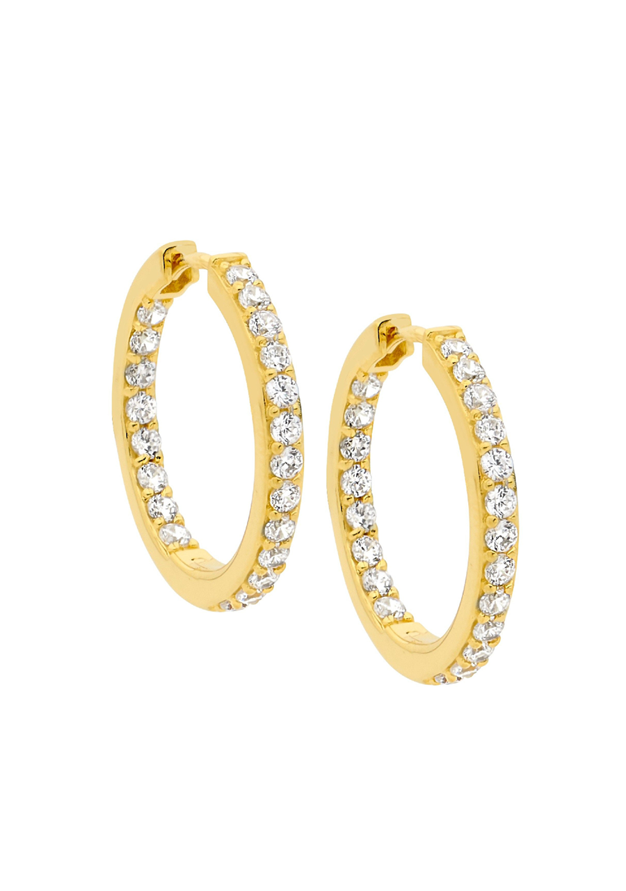 Ellani Yellow Gold Plated White Cubic Zirconia Inside Out 23mm Hoop Earrings