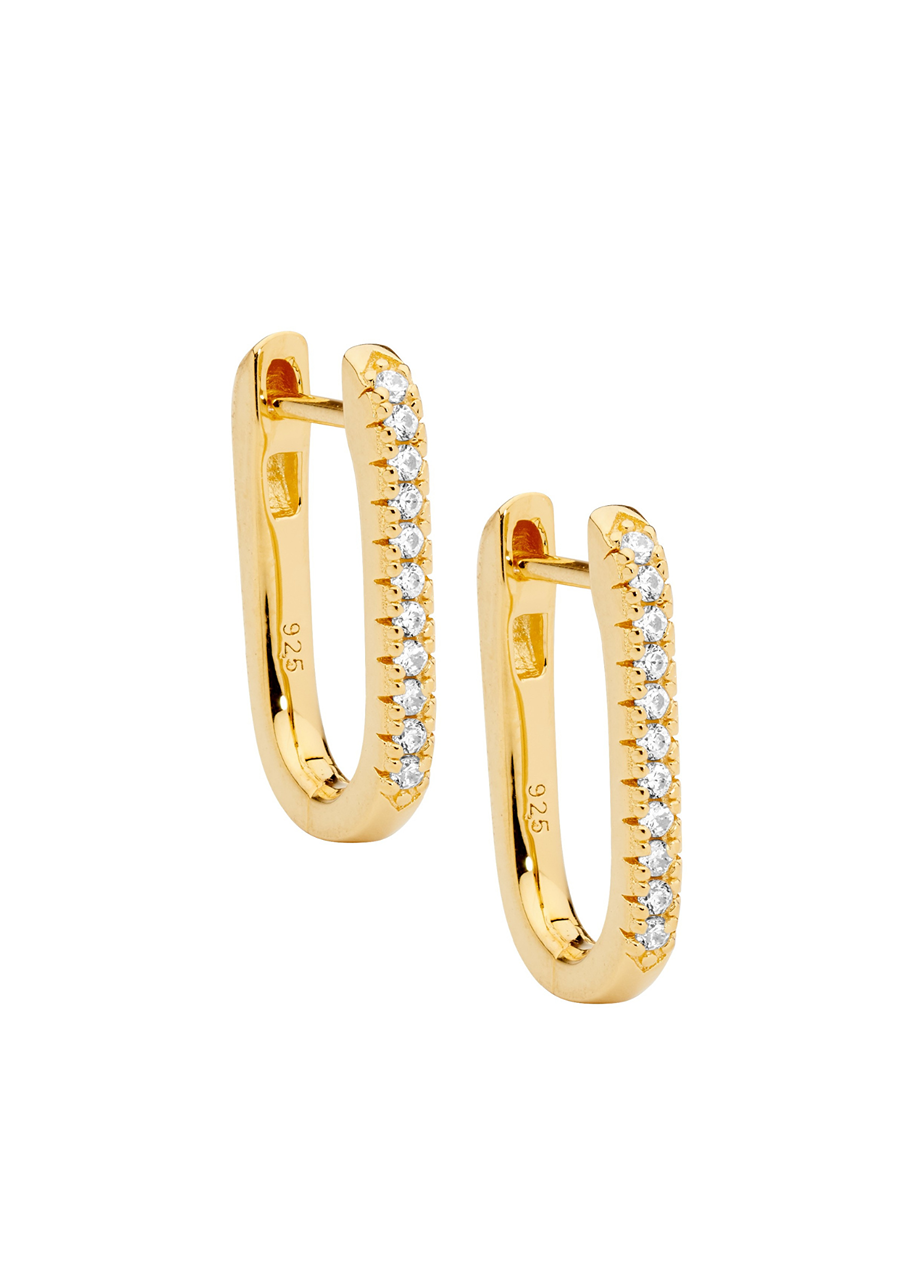 Ellani Gold Plated 18mm Oval Hoop Earrings with Cubic Zirconia