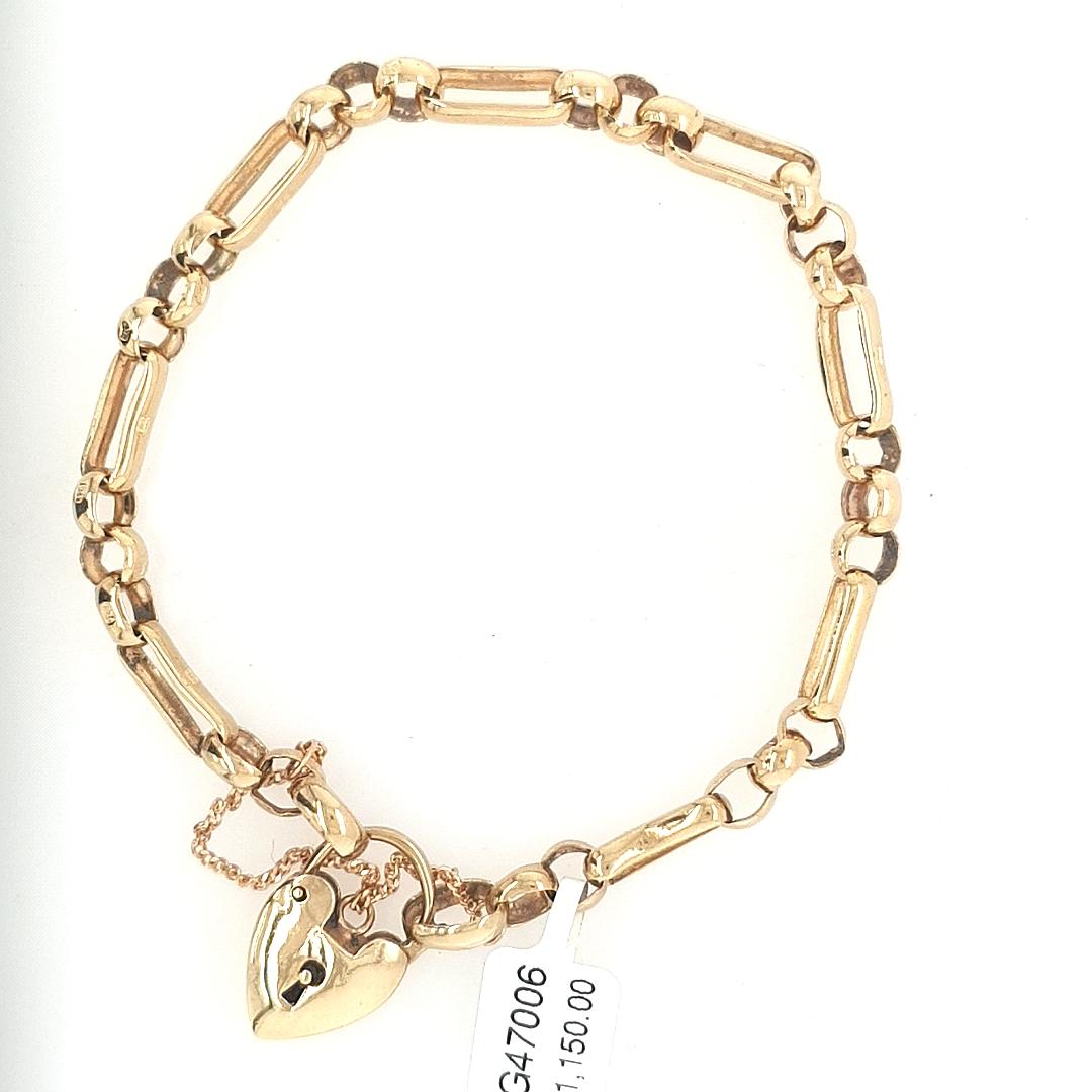 Estate 9ct Yellow Gold Flat 1:3 Figaro Bracelet with Heart Clasp and Safety Chain