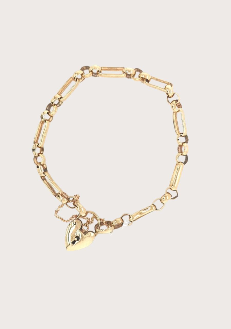 Estate 9ct Yellow Gold Flat 1:3 Figaro Bracelet with Heart Clasp and Safety Chain