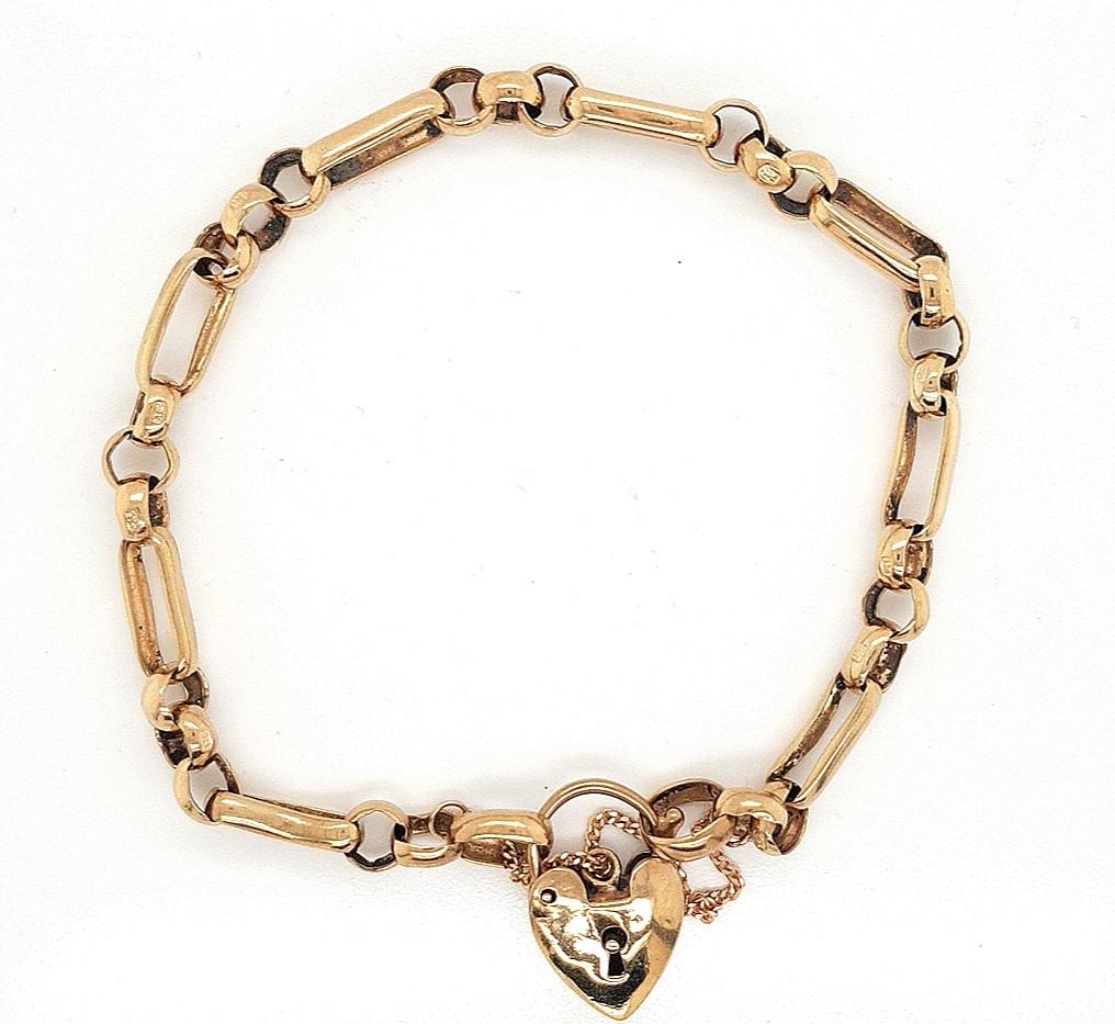 Estate 9ct Yellow Gold Flat 1:3 Figaro Bracelet with Heart Clasp and Safety Chain