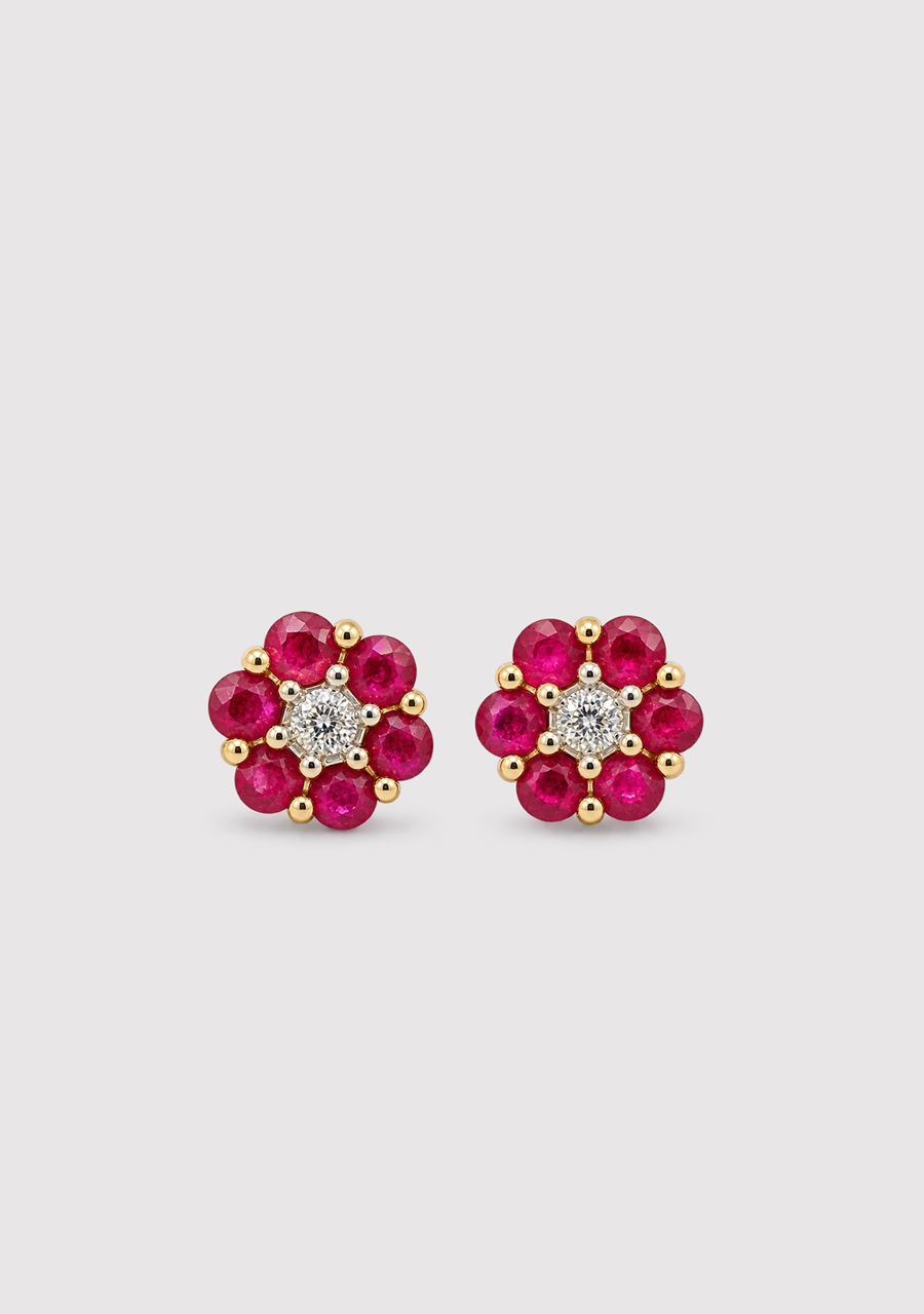Ruby & Diamond Cluster Stud Earrings in 9ct Yellow Gold
